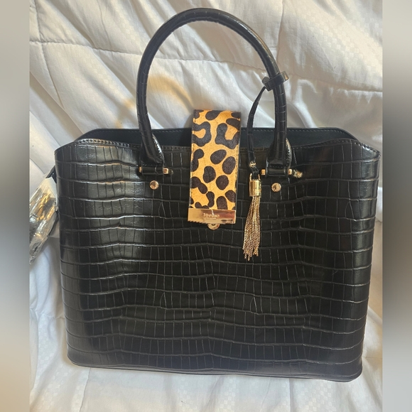 NWOT Dune London Vegan Leather Reptile Effect Satchel w/Crossbody Strap, Black. - Picture 2 of 13
